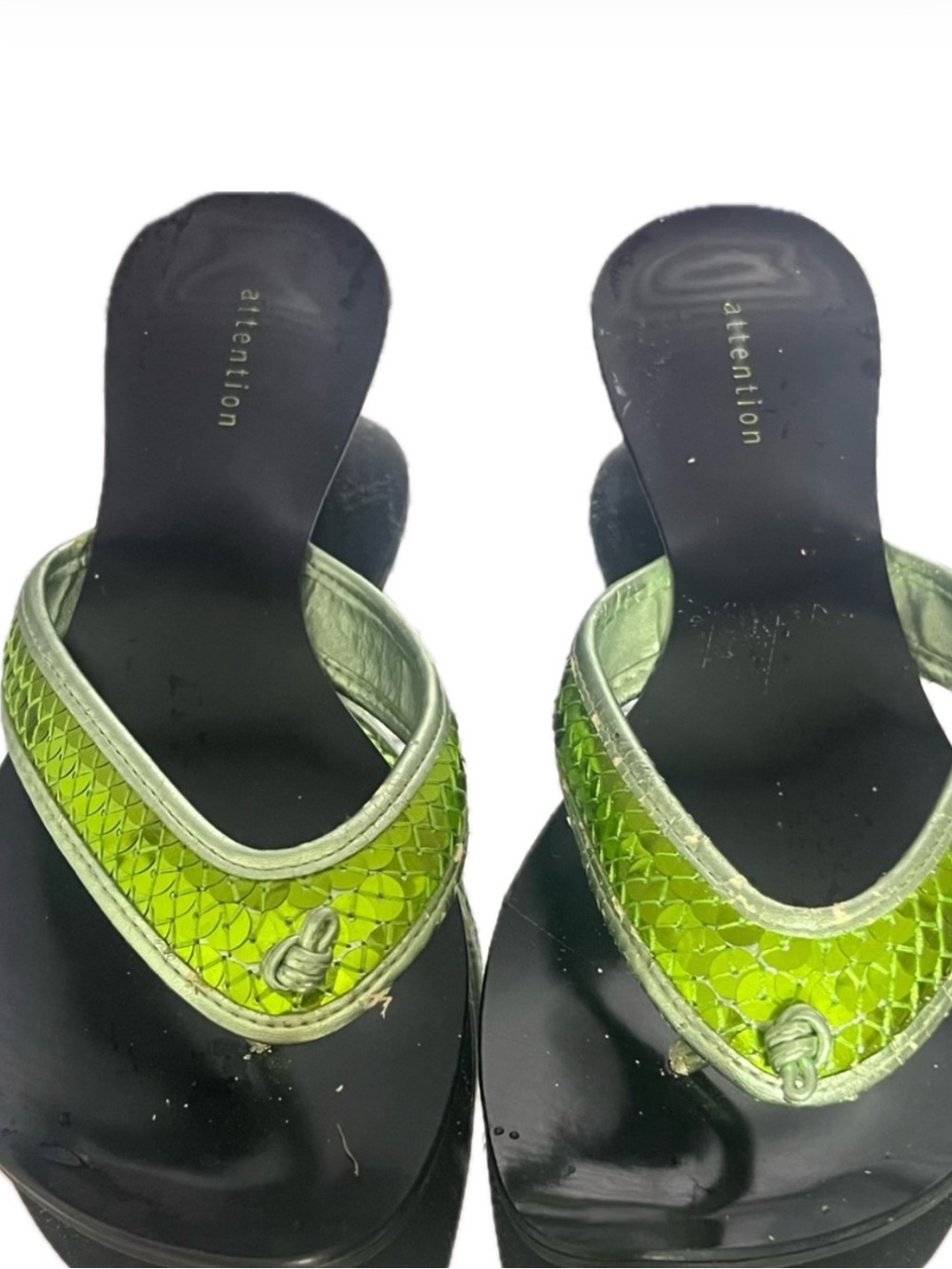 Attention lime green sequin sparkle flip-flop low heel black sandals shoes black